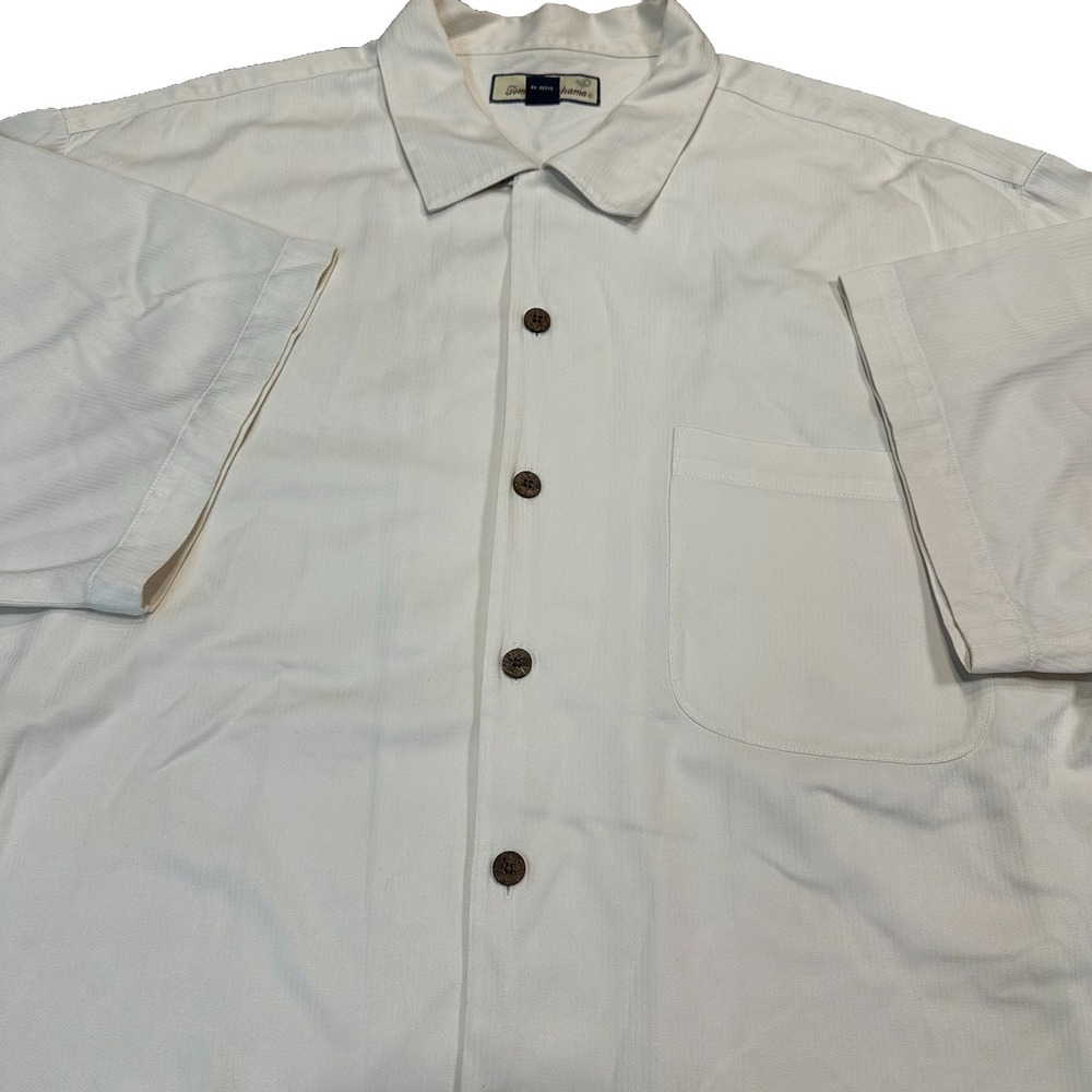 Tommy Bahama Men Polo Shirt Large Beige‎ Striped Silk Blend Short Sleeve Collar